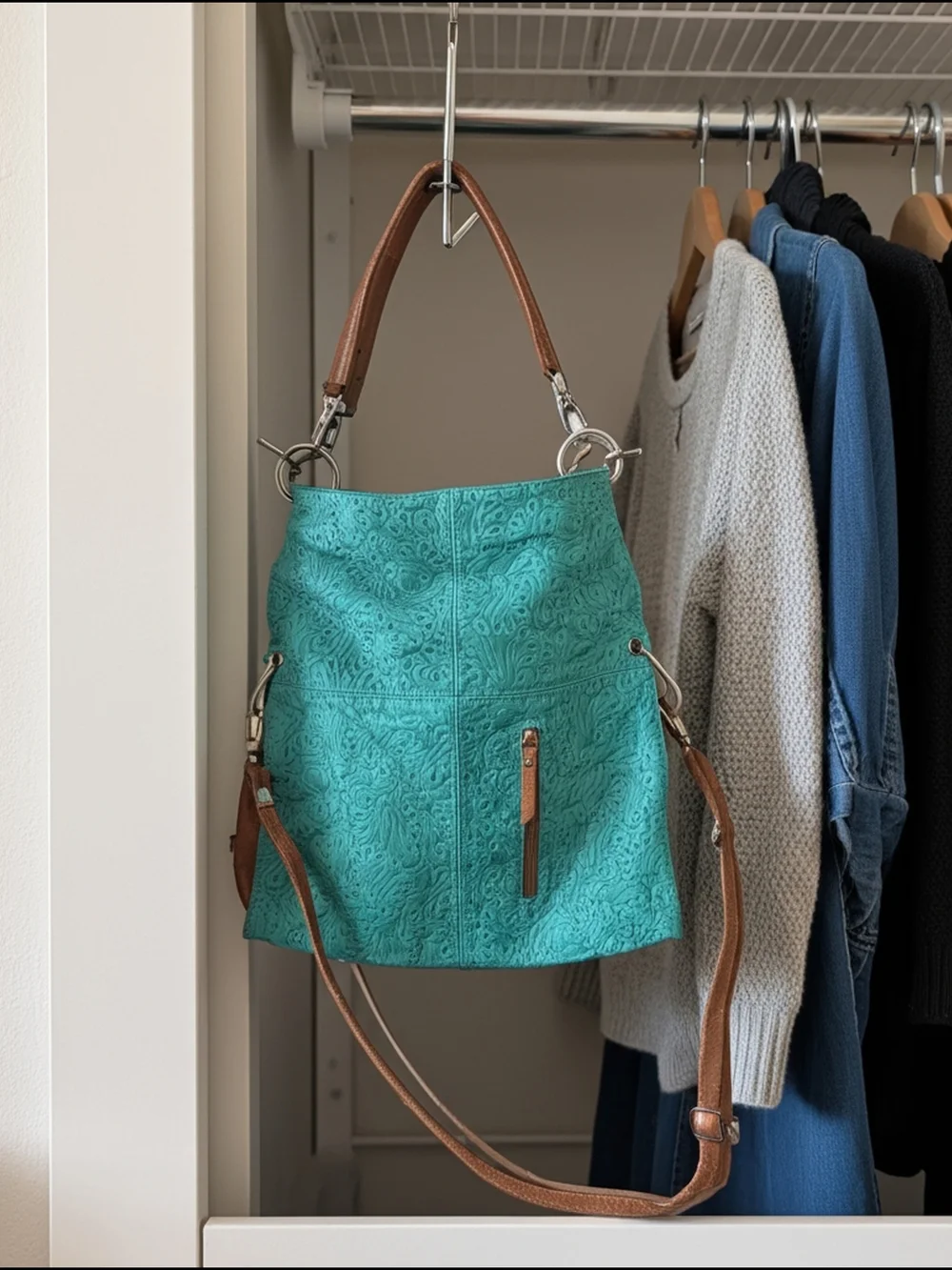 Turquoise Embossed Leather Hobo Bag with Tan Strap
